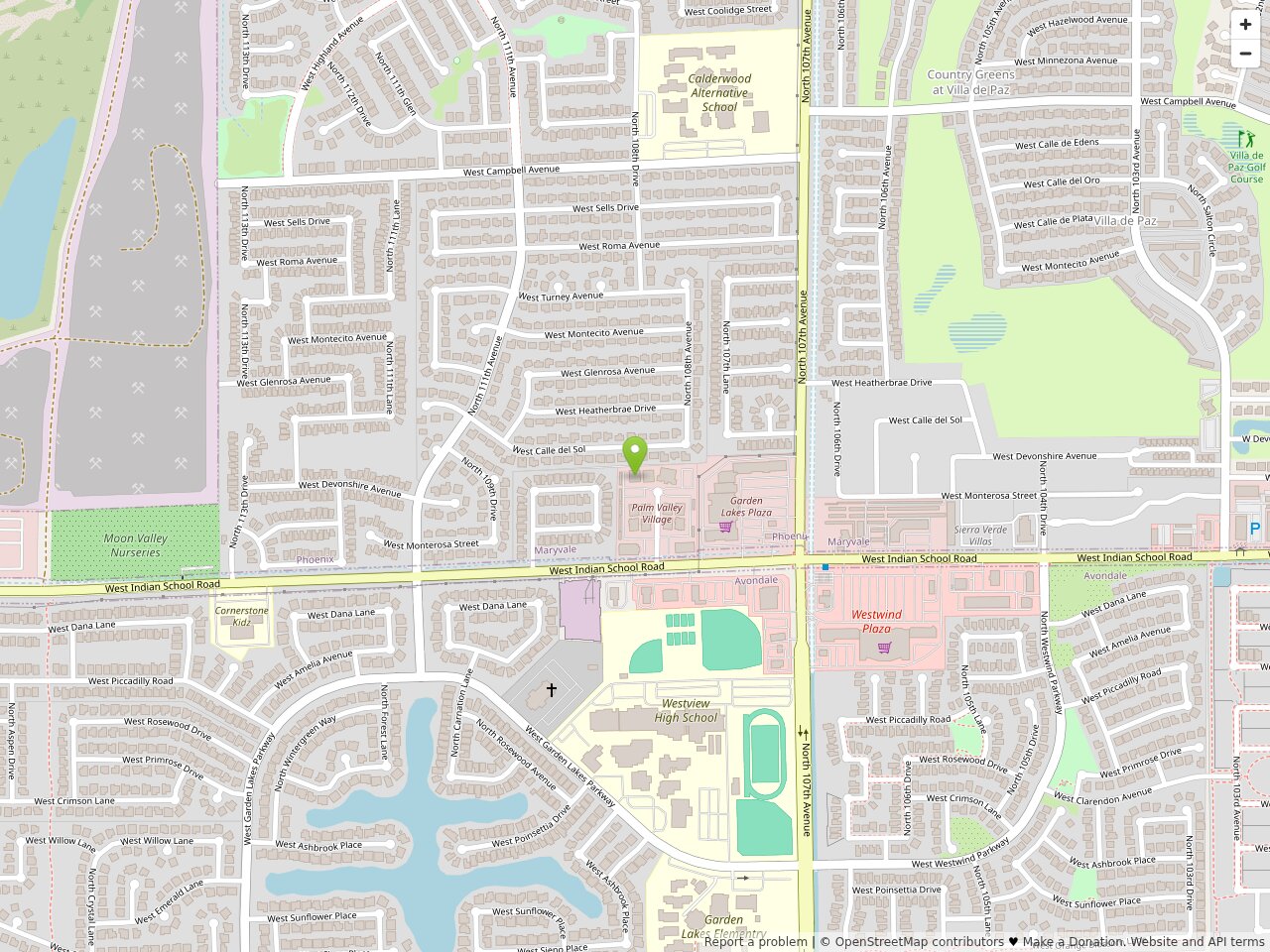 Map showing Desert TMS at 4160 N. 108th Ave, Suite A, Phoenix, near Indian School Road.